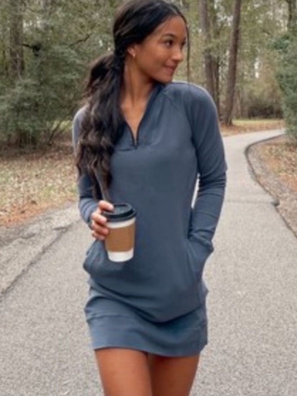 American Giant Moto Sweatshirt Dress Long Sleeve 1/4 Zip SZ XL Blue Gray Lounge